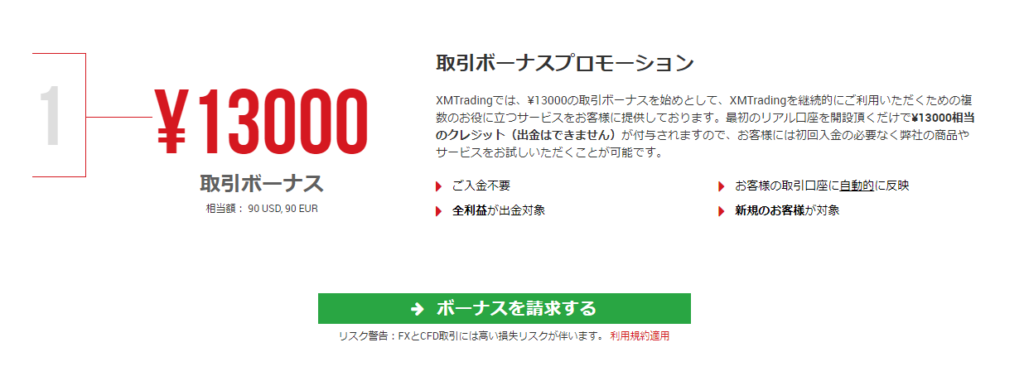 13000円相当の口座開設ボーナス